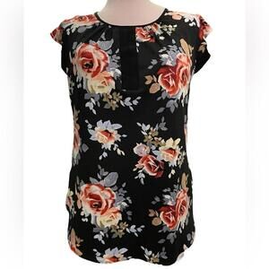 Black Floral Cap Sleeve Top